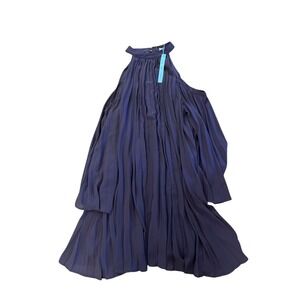 She + Sky NWT Pleated Cold Shoulder Dress Flowy‎ Halter Neck Navy Blue L